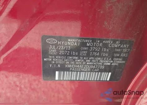 2013 Hyundai Elantra Gls from USA, damaged, VIN KMHDH4AE2DU947739